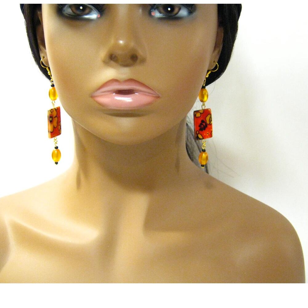 Handmade Painted red Floral Enamel Long Drop Earrings with Gold bead Accents